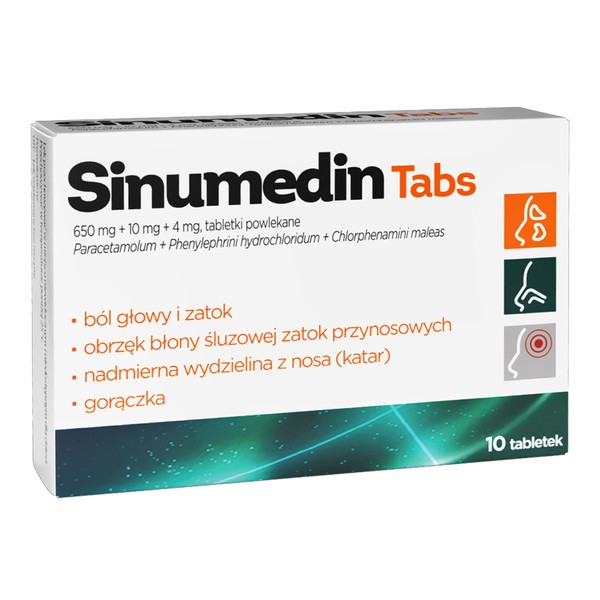 Sinumedin Tabs, 650 mg + 10 mg + 4 mg, tabletki powlekane, 10 szt.