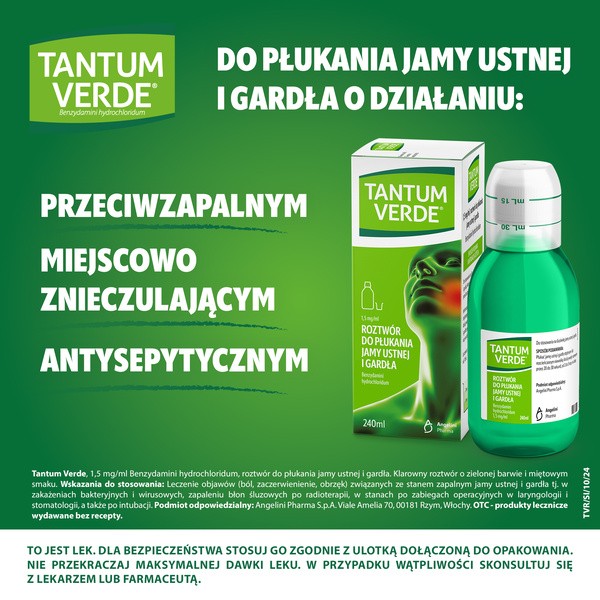 Tantum Verde, 0,15%, roztwór do płukania jamy ustnej i gardła, 240 ml
