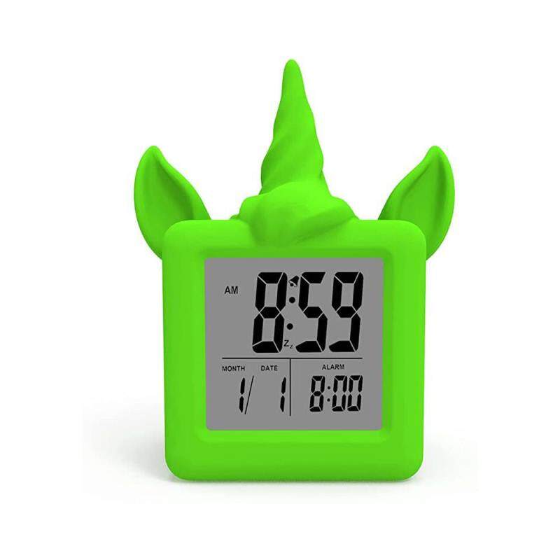 Sveglia digitale a forma di unicorno con pulsante snooze e retroilluminazione LCD verde.