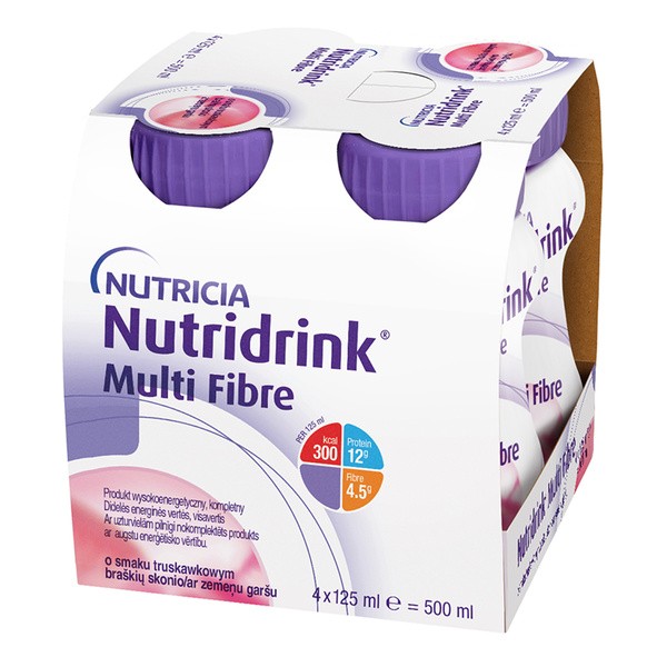 Nutridrink Multi Fibre, smak truskawkowy, płyn, 4 x 125 ml