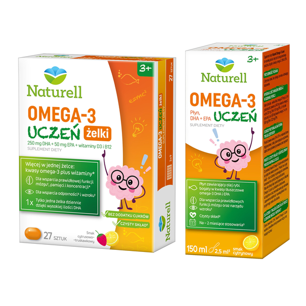 Zestaw Naturell Omega 3 Uczeń, żelki, 27 szt. + płyn, 150 ml
