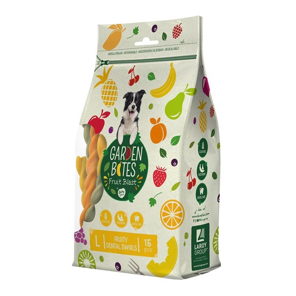 Garden Bites Fruit Blast, Fruity Dental Swirls, wegetariańskie przysmaki dentystyczne dla psów, L, 16 cm x 15 szt.