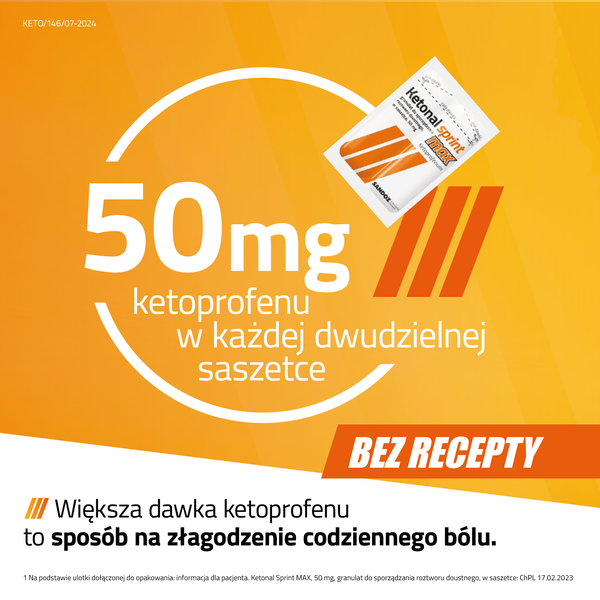 Ketonal Sprint Max, 50 mg, granulat do sporządzania roztworu doustnego, 12 saszetek