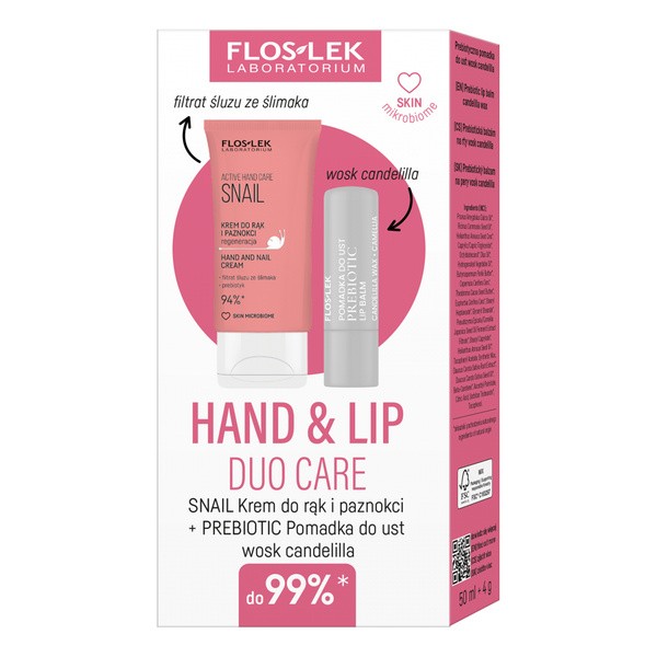 Flos-lek Zestaw Hand & Lip Duo Care Snail, krem do rąk, 50 ml + pomadka do ust, 4 g