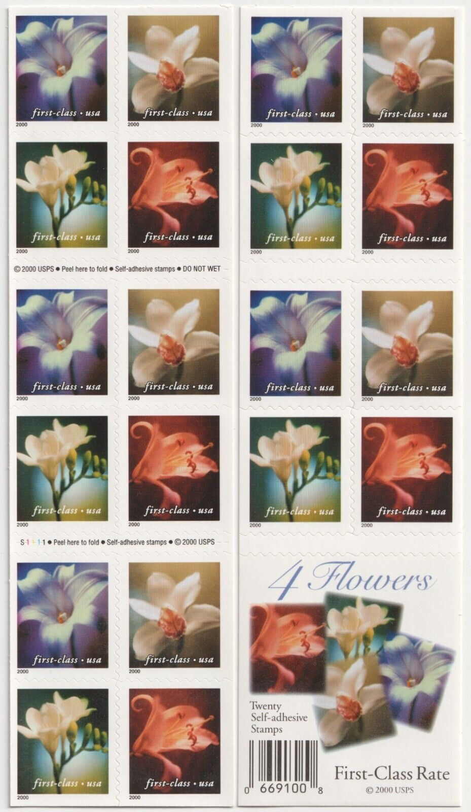 2000 US 34c Self Adhesive Four Flowers First Class Stamps