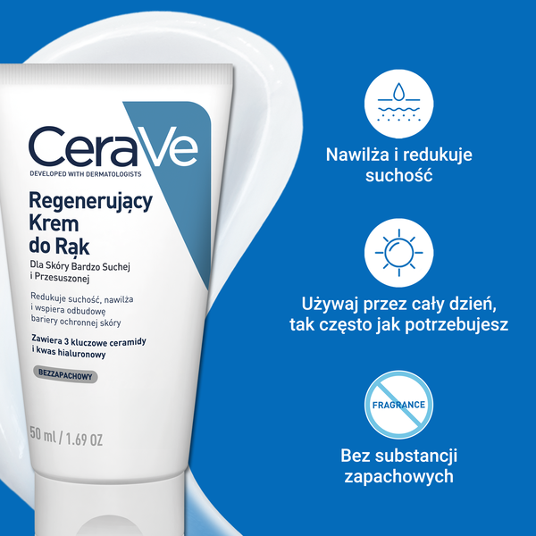 CeraVe, regenerujący krem do rąk z ceramidami do skóry suchej i bardzo suchej, 50 ml