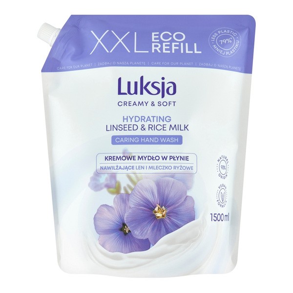 Luksja Creamy & Soft, nawilżające mydło w płynie, Len i Mleczko Ryżowe, refill, 1,5 l