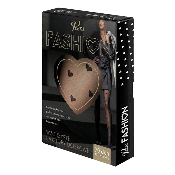 Veera Fashion, rajstopy wzorzyste, 70 DEN, czarne w serca, rozmiar XL