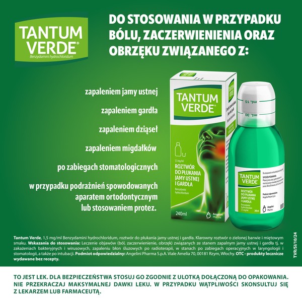 Tantum Verde, 0,15%, roztwór do płukania jamy ustnej i gardła, 240 ml