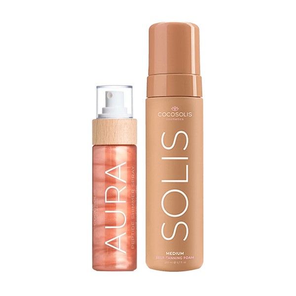 Zestaw Cocosolis, Aura, spray rozświetlający z peptydami do twarzy, ciała i włosów, 100 ml + Solis Self-tanning Foam, pianka samoopalająca do ciała, Medium, 200 ml
