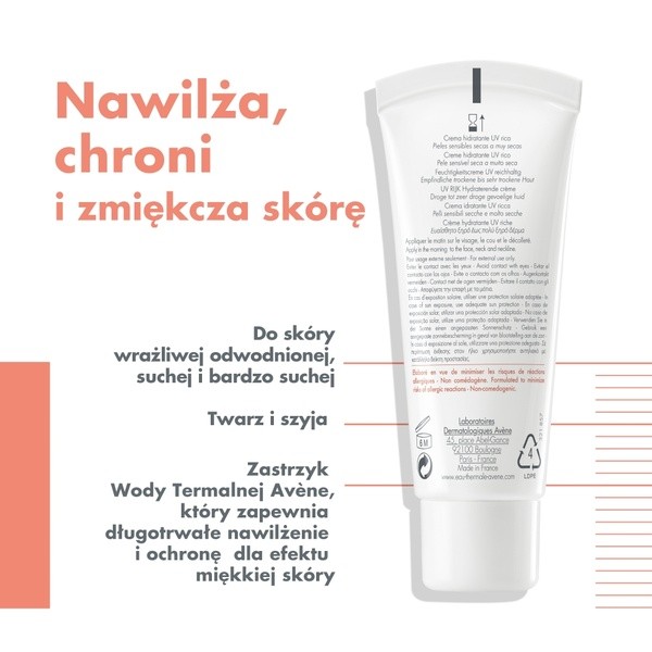 Avene Eau Thermale Hydrance UV Riche, bogaty krem nawilżający SPF 30, 40 ml