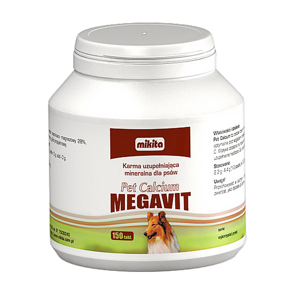 Mikita Pet Calcium megavit, karma uzupełniająca mineralna dla psów, tabletki, 150 szt.