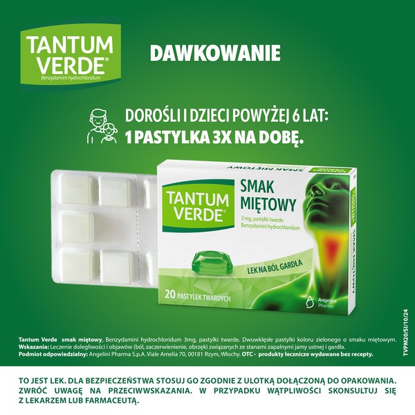 Tantum Verde smak miętowy, 3 mg, pastylki twarde, 20 szt.