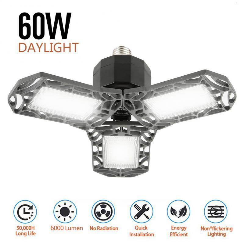 Luminária de garagem tripla 360 graus 60W E26/E27, luz deformável, luminária de garagem interna premium de 6000 lúmens em LED.