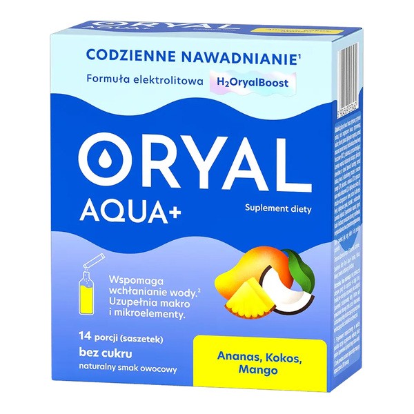 Oryal Aqua+, saszetki z proszkiem, smak ananas-kokos-mango, 14 szt.