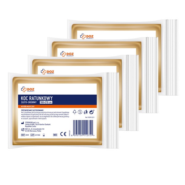 Zestaw 4x DOZ Product, koc ratunkowy złoto-srebrny, wymiar 160 cm x 210 cm, 1szt.