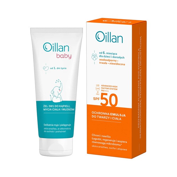 Zestaw Oillan, ochronna emulsja przeciwsłoneczna do twarzy i ciała SPF50, 100 ml + żel do mycia ciała i włosów 3 w 1, 100 ml