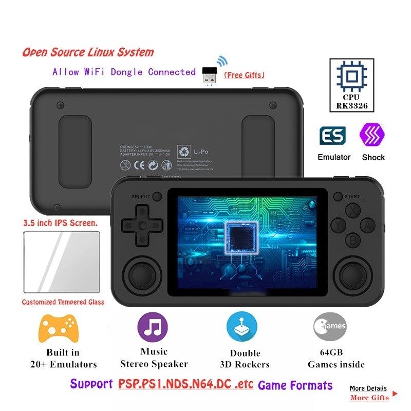 RK3326 RG351P Retro Game Console WiFi 64G Emuelec Linux System 3.5inch IPS Screen PS1 N64 Pocket Game Player RG350P RG351