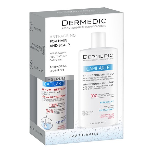 Zestaw Promocyjny Dermedic Capilarte, serum kuracja stymulująca wzrost włosów, 150 ml + Anti-Ageing szampon, 300 ml