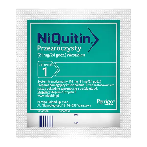 Niquitin przezroczysty, 21 mg/24 h, system transdermalny 114 mg, stopień 1, plastry, 7 szt.