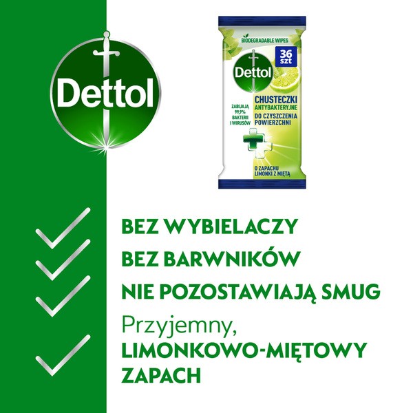 Dettol chusteczki do mycia i dezynfekcji powierzchni, limonka i mięta, 36 szt.