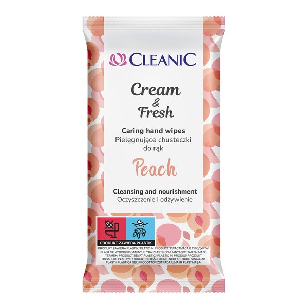 Cleanic Cream&Fresh Peach, chusteczki nawilżane do rąk, 15 szt.