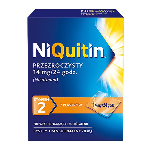Niquitin przezroczysty, 14 mg/24 h, system transdermalny 78 mg, stopień 2, plastry, 7 szt.