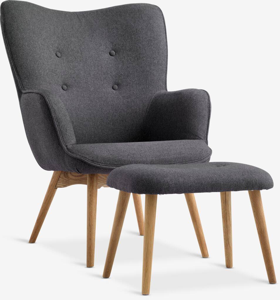 SKALBORG SKALBORG lænestol med skammel, mørkegrå stof/eg