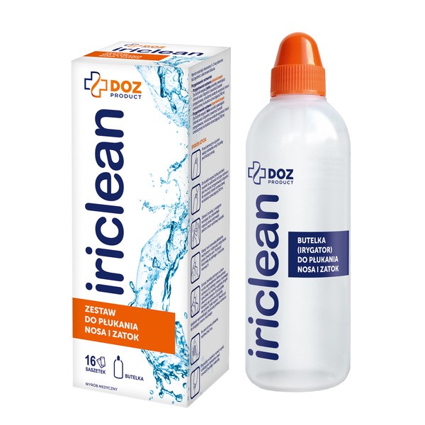 DOZ PRODUCT Iriclean, zestaw do płukania nosa i zatok, 240 ml butelka + 16 saszetek