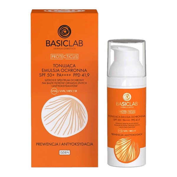 BasicLab Proteticus, tonująca emulsja ochronna SPF 50+ PA++++ PPD 41,9 Prewencja i Antyoksydacja, 50 ml