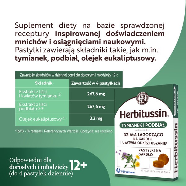 Herbitussin Tymianek i Podbiał, pastylki do ssania, 12 szt.