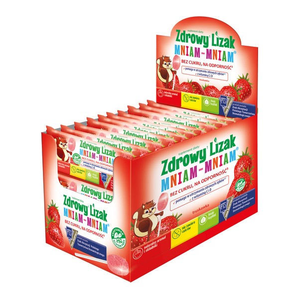 Zdrowy Lizak MniamMniam, na ząbki kości i odporność z witaminą C i D, smak truskawkowy, lizaki, 40 szt.