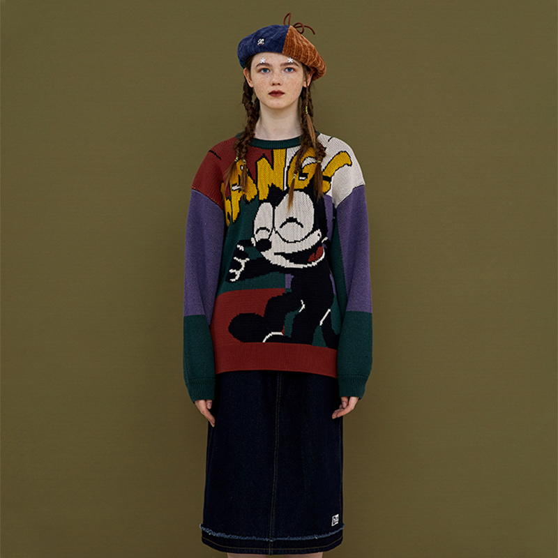 Damski sweter z dzianiny bawełnianej z okrągłym dekoltem, jesień 2021, ilustracja z kreskówki, pulower, studentka, zimowa, ciepła, gruba kurtka, odzież wierzchnia