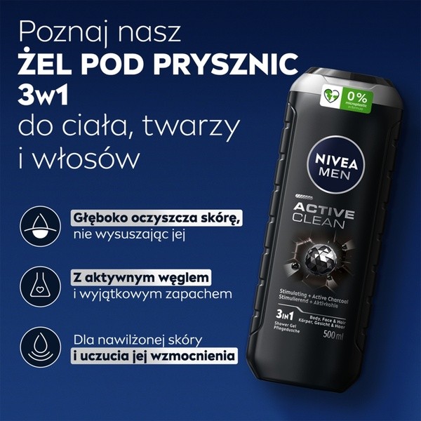 Nivea Men, żel pod prysznic 3w1, Active Clean, 500 ml