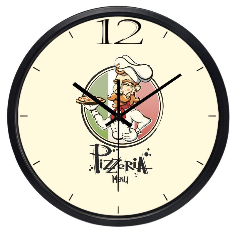 Pizzawinkel, kantine, grote chef-kok, keuken, wandklok