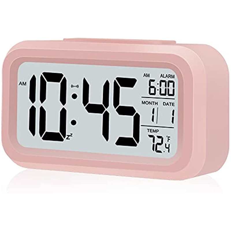 Wekker voor kinderen, wekker voor de slaapkamer, met slim nachtlampje, snooze-functie, datumweergave, 12/24-uurs weergave, binnentemperatuur, op batterijen werkende wekker voor meisjes, tieners en vrouwen (roze)