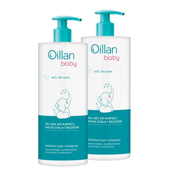 Zestaw 2 x Oillan Baby, żel do kąpieli, mycia ciała i włosów 3w1, 750 ml
