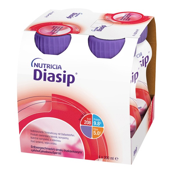 Diasip, płyn, smak truskawkowy, 4 x 200 ml