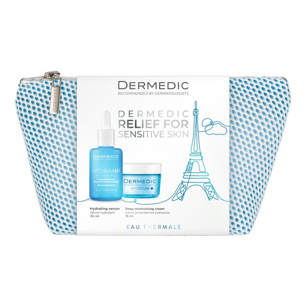 Zestaw Dermedic Hydrain 3, serum nawadniające, 30 ml + krem dogłębnie nawilżający na dzień, 15 ml