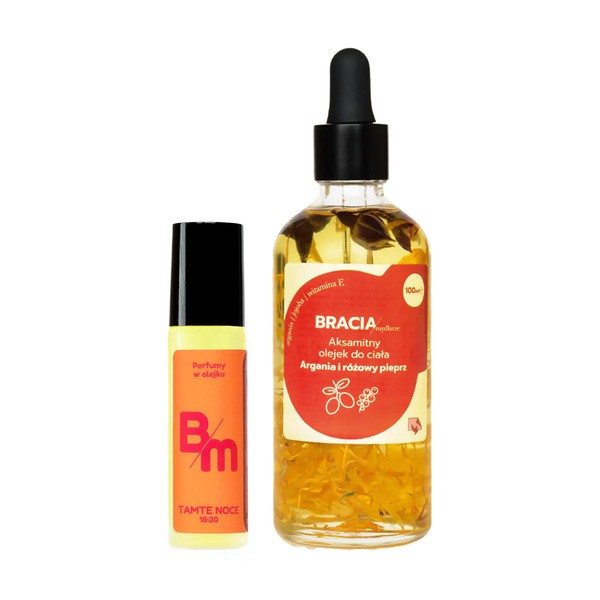 Zestaw Bracia Mydlarze, Tamte noce 18:30, perfumy w olejku, 10 ml + aksamitny olejek do ciała, Argania i różowy pieprz, 100 ml