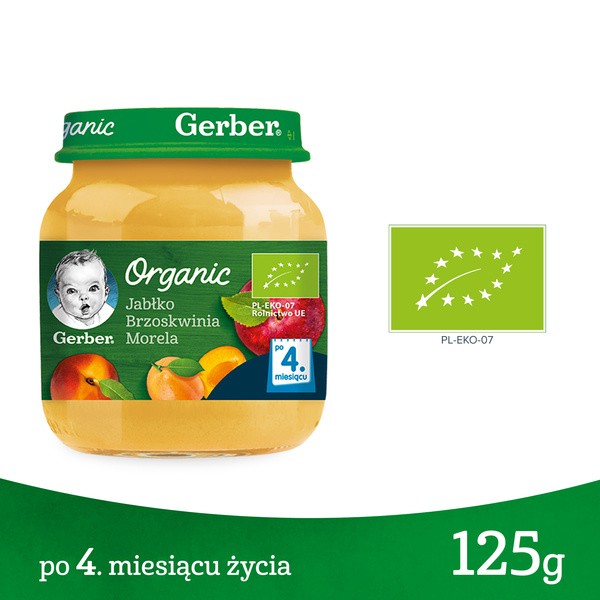 Gerber Organic, deser jabłko, brzoskwinia, morela, 4 m+, 125 g