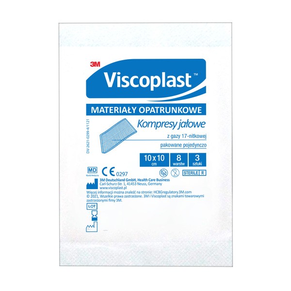 Viscoplast, jałowe kompresy gazowe z gazy bawełnianej, 17-nitkowe, 8 warstw, 10 cm x 10 cm, 3 szt.