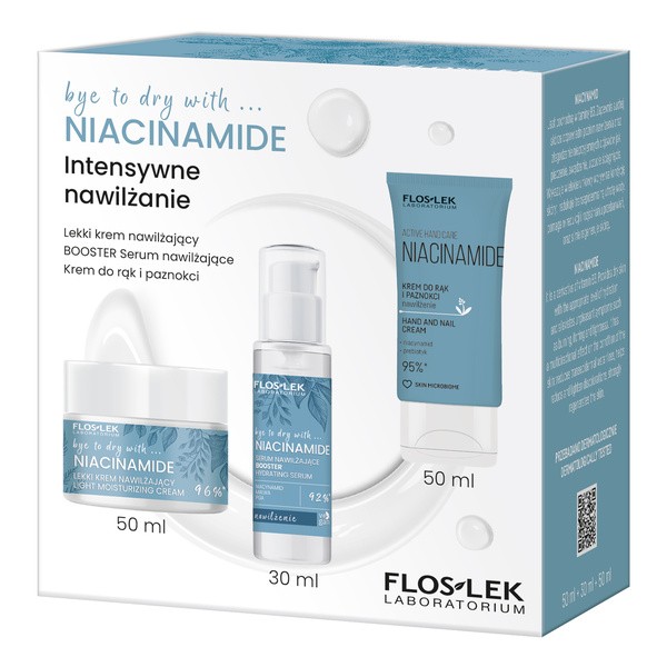 Flos-lek, zestaw intensywne nawilżanie, lekki krem nawilżający, 50 ml + booster serum nawilżające, 30 ml + krem do rąk i paznokci, 50 ml