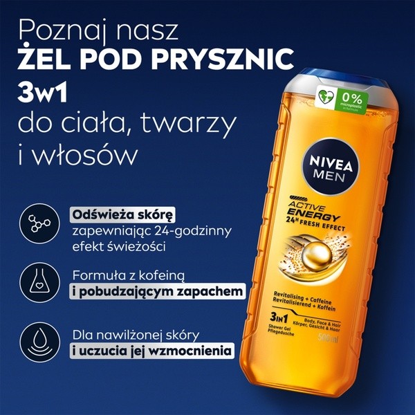 Nivea For Men, żel pod prysznic, Active Energy, 500 ml
