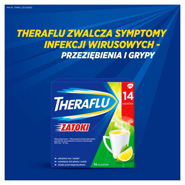 Theraflu Zatoki, 650 mg+10 mg, proszek do sporządzenia roztworu doustnego, 14 saszetek