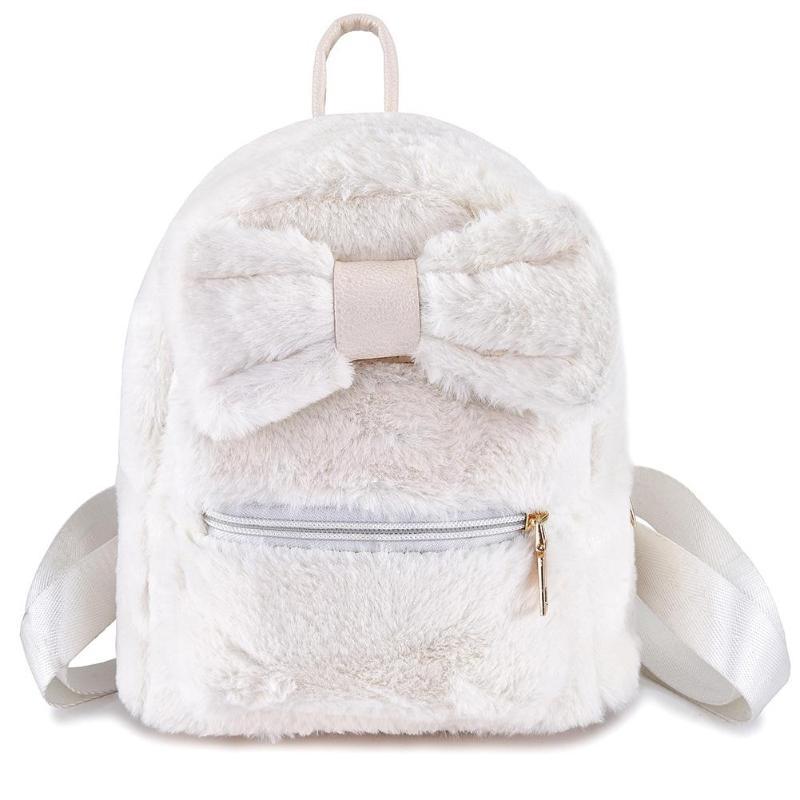 Nye mote-ryggsekker ensfarget, nydelig plysj-sløyfeknute-ryggsekk for tenåringer, student, fluffy liten skulderveske for skole