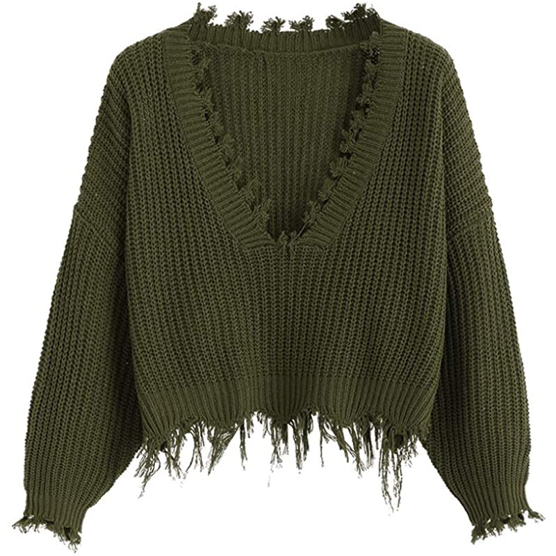 Sweter damski ZAFUL z dekoltem w serek, luźnym dzianinowym dekoltem, długim rękawem i rozdarciami, krótki top