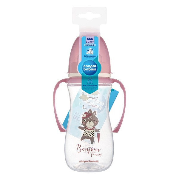 Canpol Babies Easy Start, butelka antykolkowa z uchwytami Bonjour Paris, różowa, 300 ml, 1 szt.