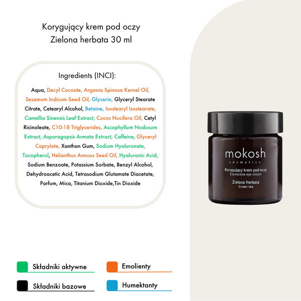 Mokosh, korygujący krem pod oczy, zielona herbata, 30 ml