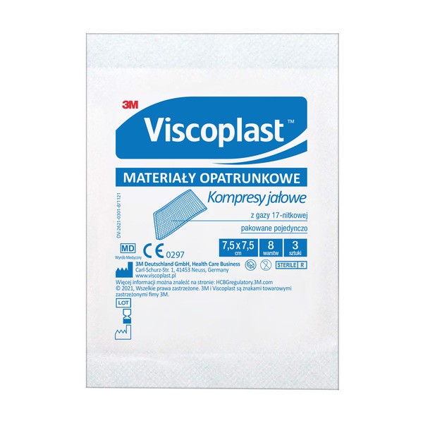 Viscoplast, jałowe kompresy gazowe z gazy bawełnianej, 17-nitkowe, 8 warstw, 7,5 cm x 7,5 cm, 3 szt.
